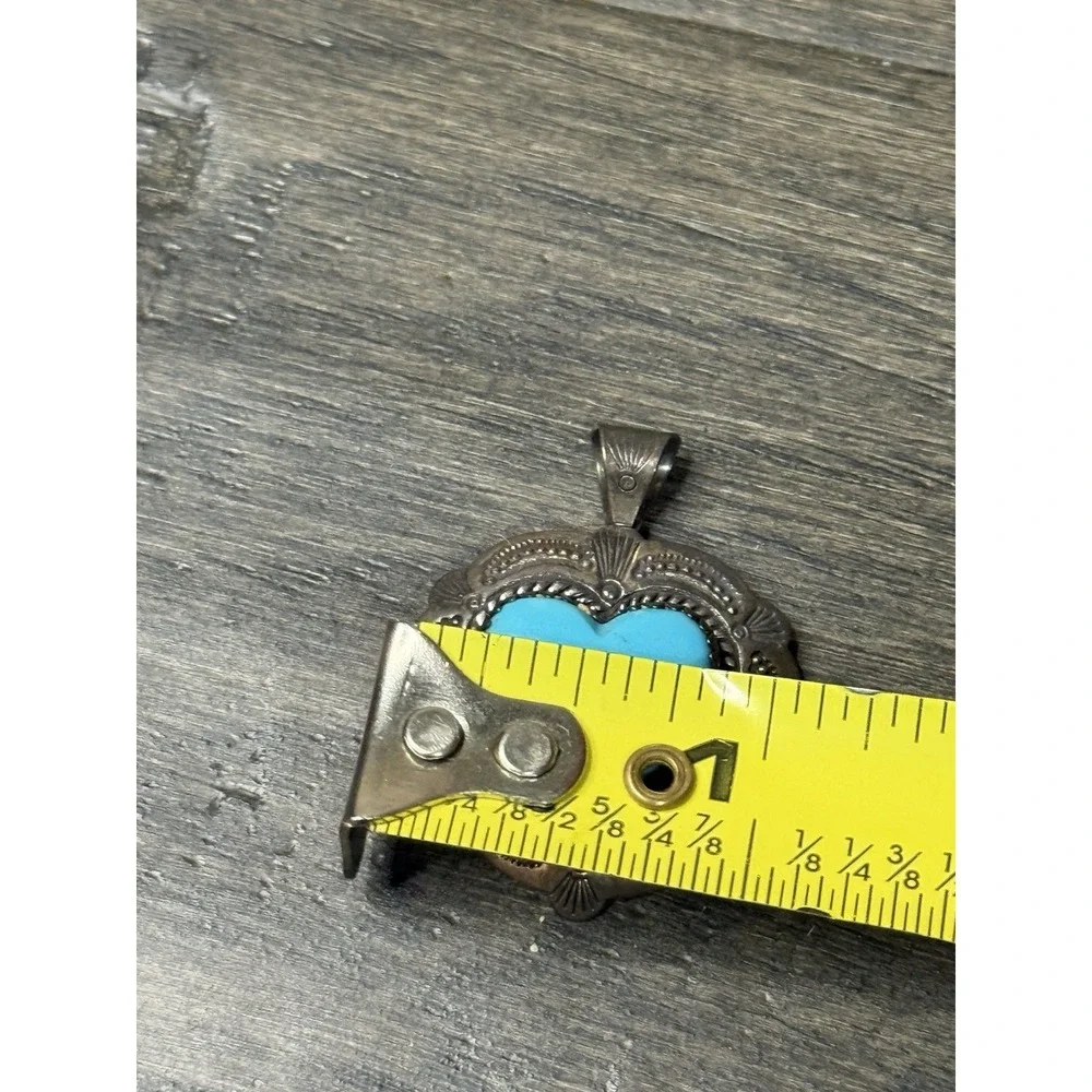 Vintage Signed QT Sterling Silver Turquoise Inlay Stone Heart Pendant Native